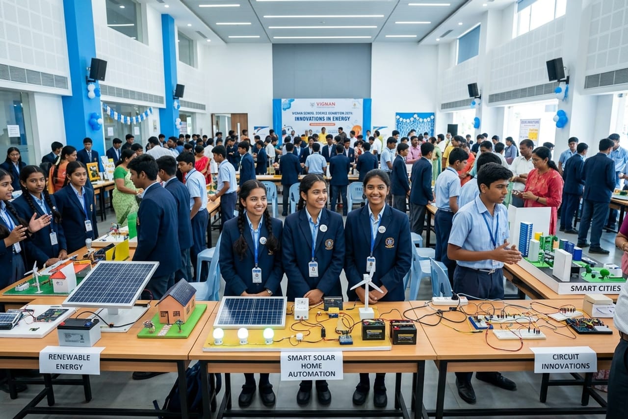 Students presenting electrical science projects at the AIEA exhibition hall