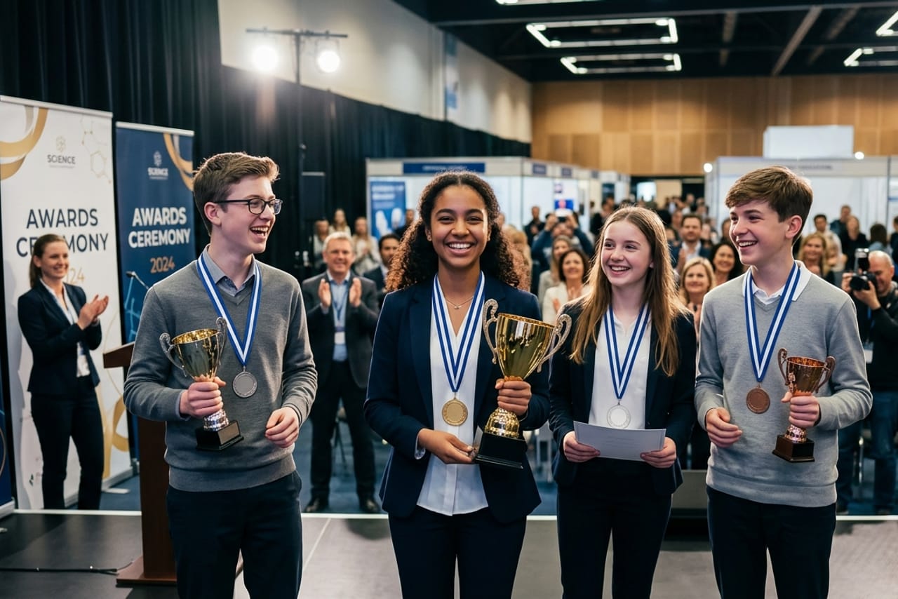 Award ceremony with winners holding trophies on stage
