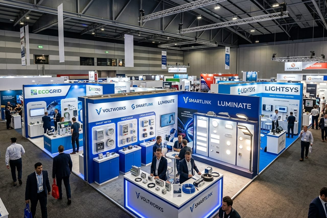 Wide view of exhibition stalls with visitors exploring